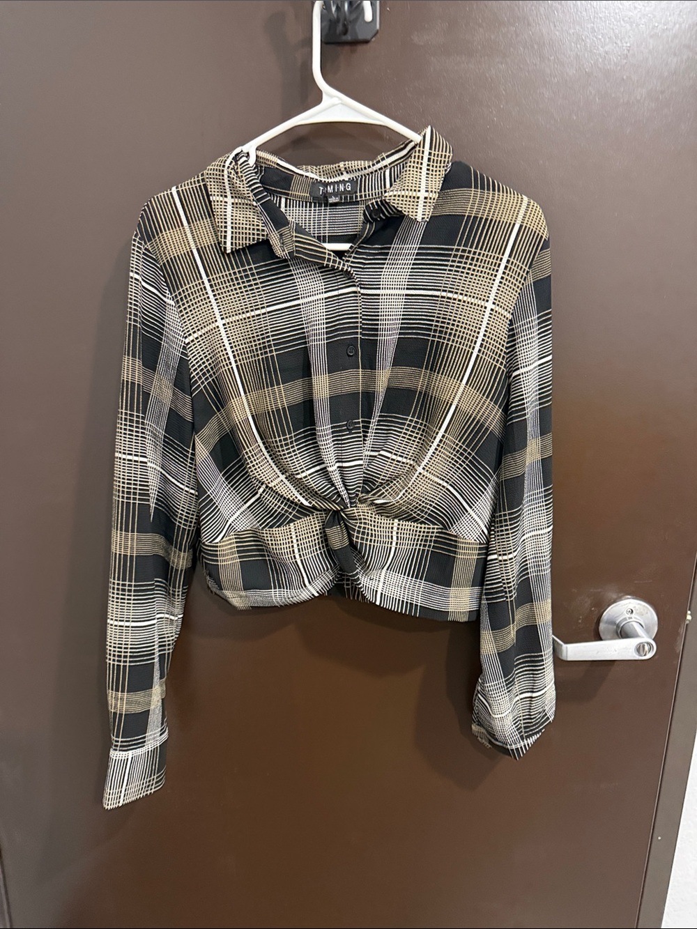 TIMING Black and Tan Plaid Knot-Front Button-Down Shirt